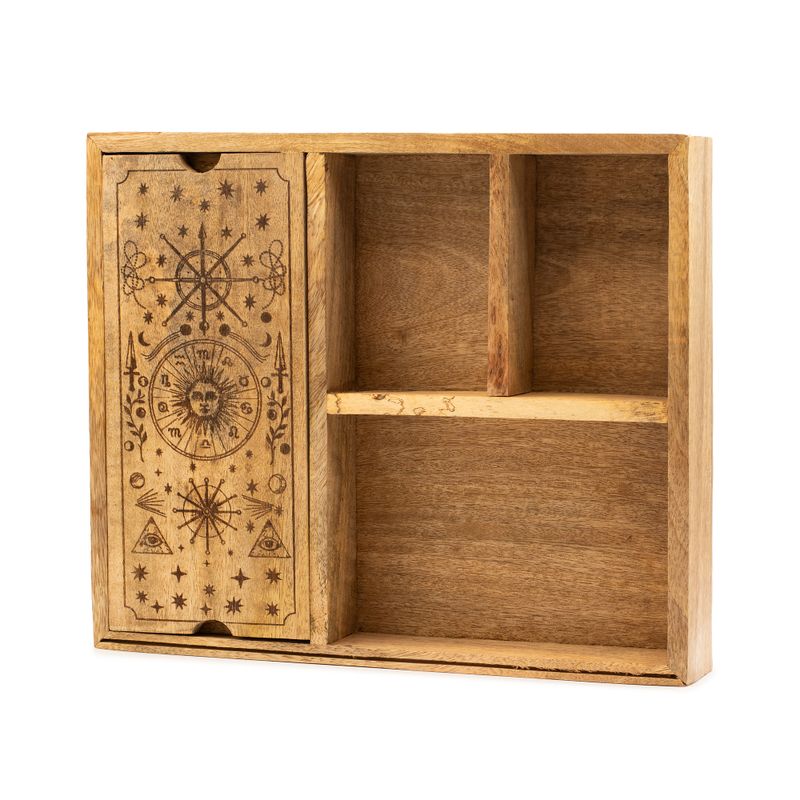 Caja de tarot de cuatro compartimentos con soporte para cartas.