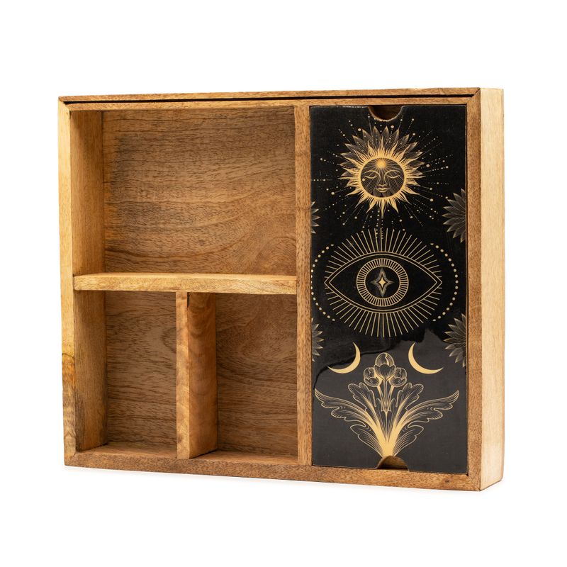 Caja de tarot de cuatro compartimentos con soporte para cartas