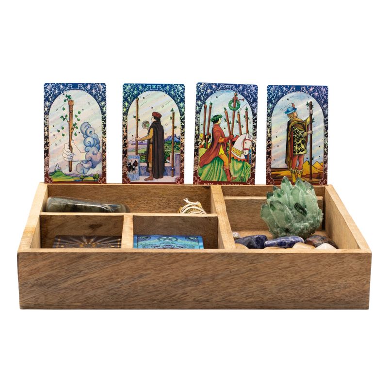 Caja de tarot de cuatro compartimentos con soporte para cartas