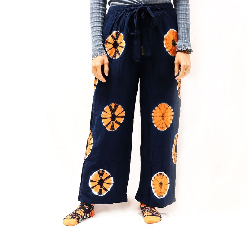 Pantalones de estilo japonés para estar en casa - azul y naranja - M