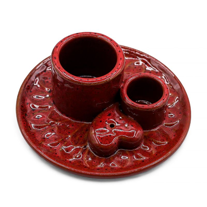 Soporte cerámico para Palo Santo e Incienso - Mandala - Rojo con brillo en forma de corazón