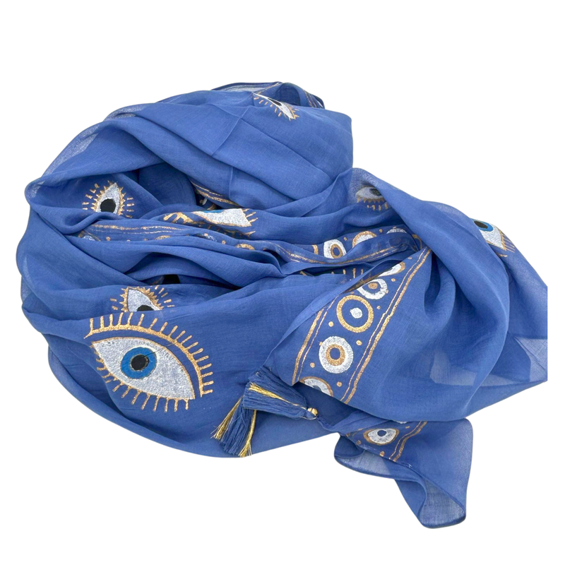 Colección Nómada Sari Mediterráneo - Pareo - Diseño del Ojo Maligno en Azul Rico y Dorado