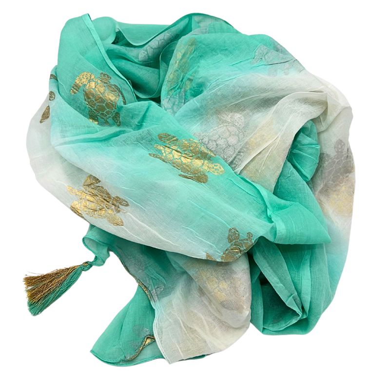 Colección Nómada Sari Mediterráneo - Pareo - Diseño de Tortuga en Blanco, Turquesa y Oro