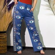(ML) Colección Nómada Sari Mediterráneo - Pantalones - Diseño del Ojo Maligno en Azul Rico y Oro