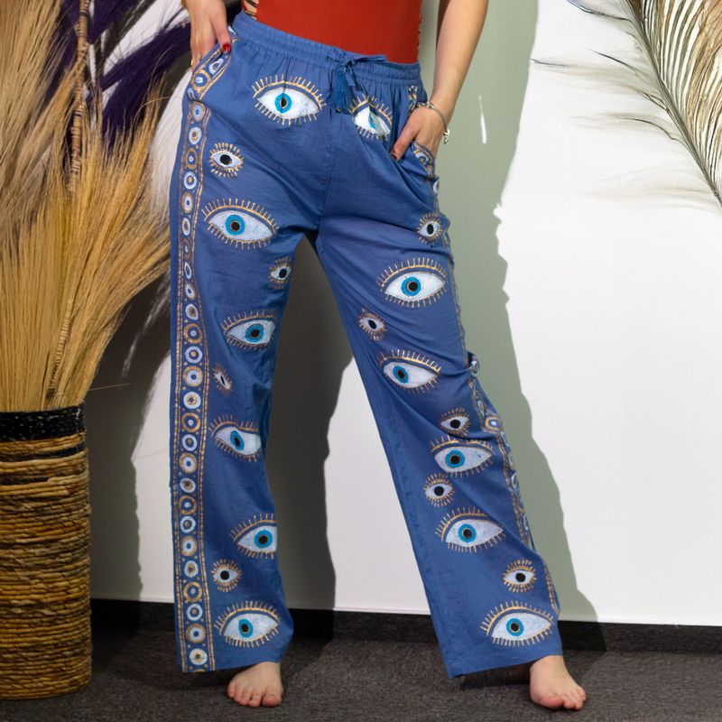 (ML) Colección Nómada Sari Mediterráneo - Pantalones - Diseño del Ojo Maligno en Azul Rico y Oro