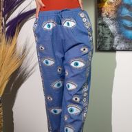 (ML) Colección Nómada Sari Mediterráneo - Pantalones - Diseño del Ojo Maligno en Azul Rico y Oro