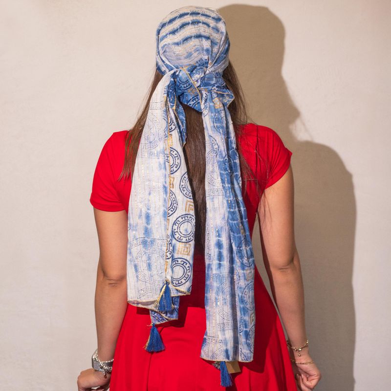 Nomad Sari Bufanda estampada de Marbella para verano - Azul con dorado (180x50cm)