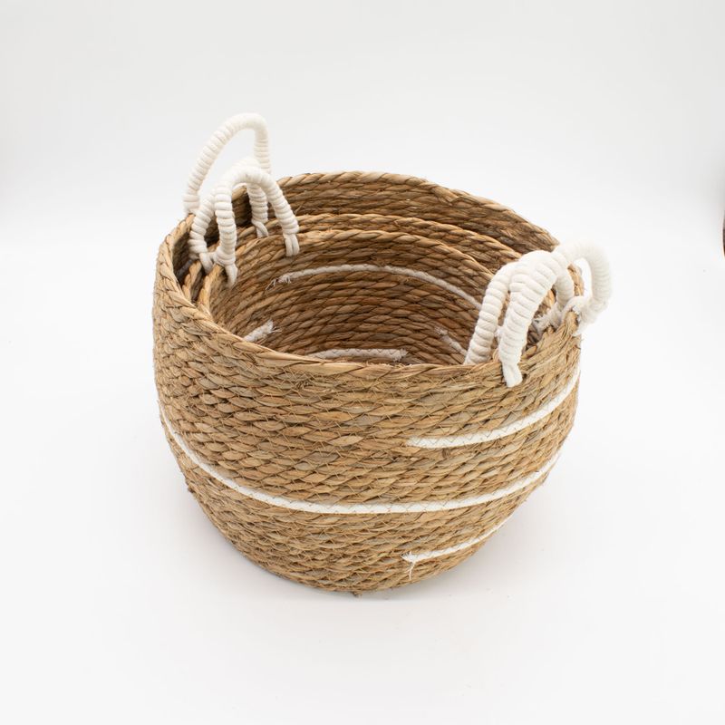 Cestas grandes de algodón y pasto marino – Rayas naturales – Juego de 3