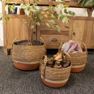 Cestas grandes de paja y pasto marino - Natural y naranja - Conjunto de 3