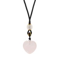 Collar de cuerda con colgante de piedra preciosa - corazón de cuarzo rosa
