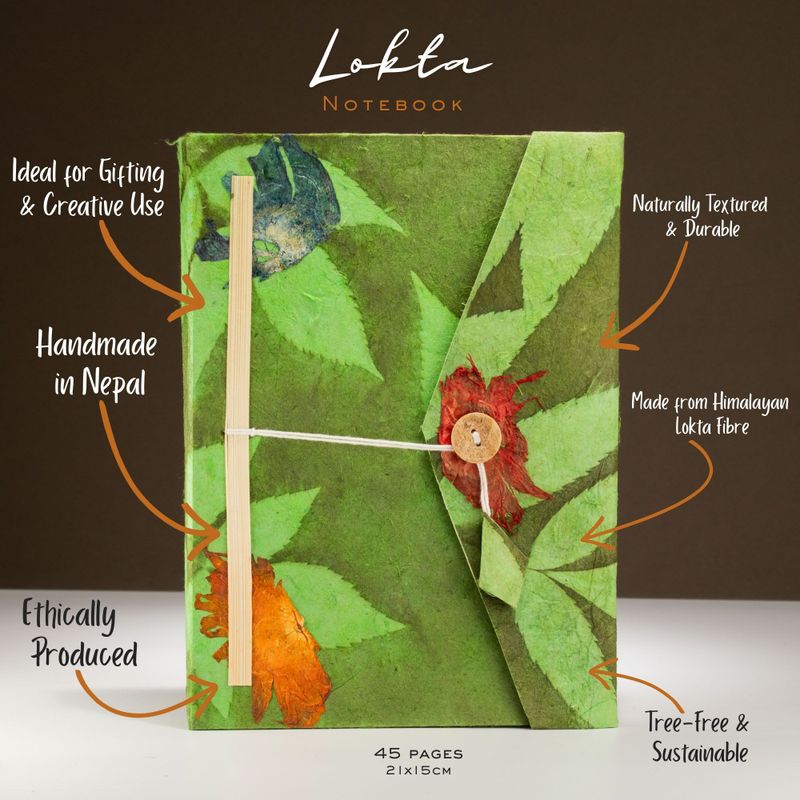 Cuaderno de Lokta con diseño floral audaz – Grande (21x15cm) – 45 hojas – Incluye marcapáginas – Verde musgo