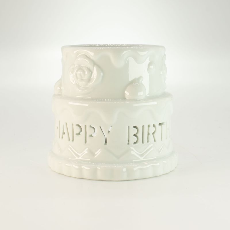 Quemador de aceite en forma de pastel de cerámica - FELIZ CUMPLEAÑOS - Blanco