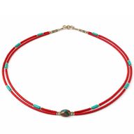 Collar nepalí extrafino de dos líneas - Colgante rosa y turquesa