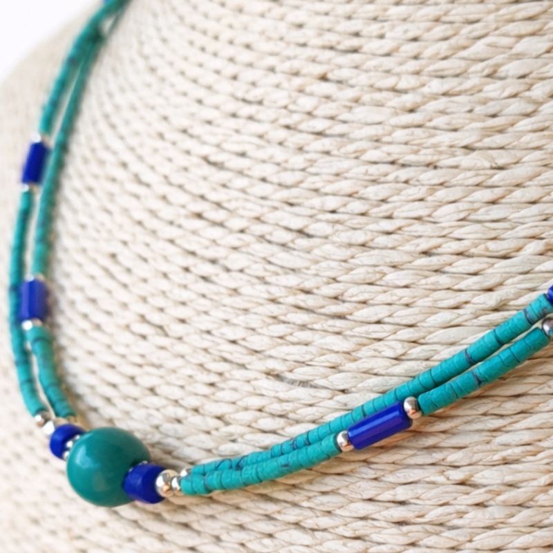 Collar nepalí extrafino de dos líneas - Colgante de lapislázuli y malaquita
