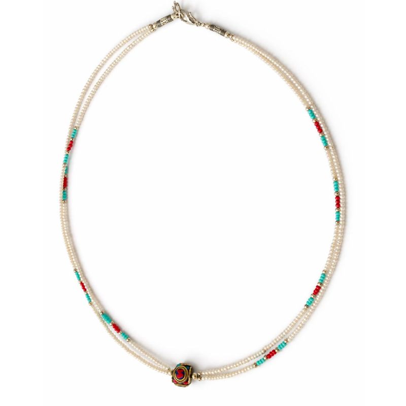 Collar nepalí extrafino de dos vueltas - Colgante de perla y turquesa