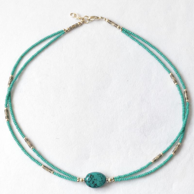 Collar nepalí extrafino de dos líneas - Colgante de turquesa y lapislázuli