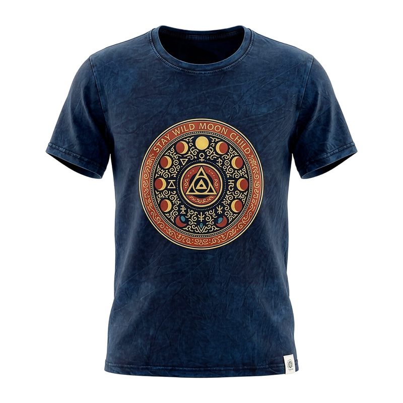 Nomad Sari Stonewashed Cotton T-Shirt - Mantente salvaje, hijo de la luna - Azul - Mediano