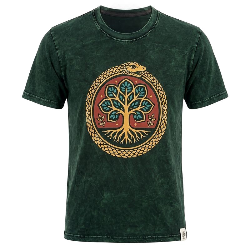 Nomad Sari Camiseta de algodón lavado a piedra - Árbol de la Vida - Verde - XL