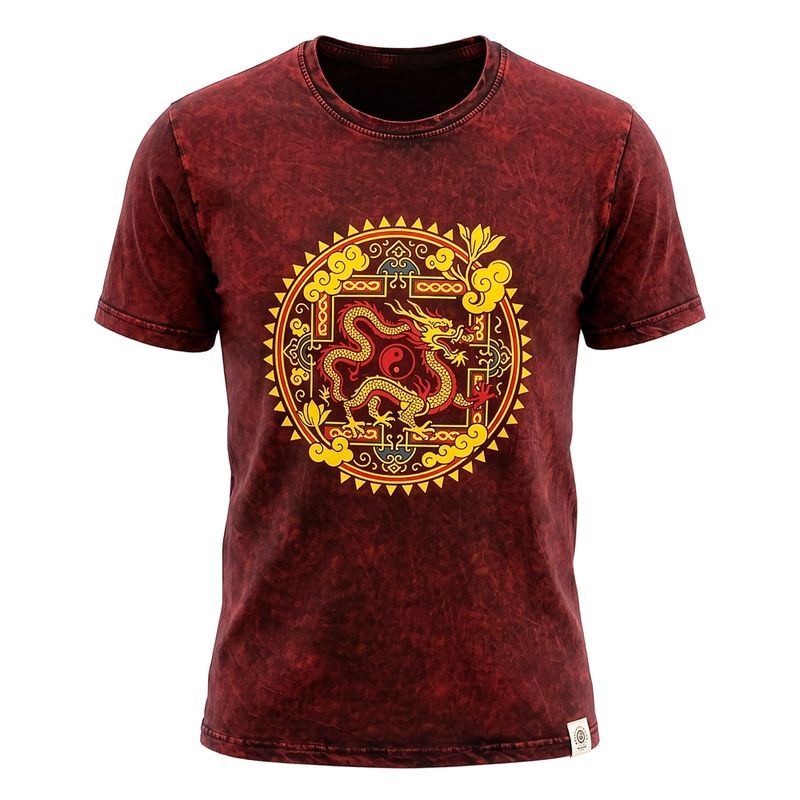 Nomad Sari Camiseta de algodón lavado a la piedra - Mandala de dragón - granate - Grande