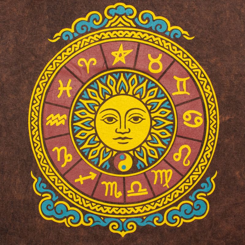 Nomad Sari Camiseta de Algodón Lavado a Piedra - Sol y Zodíaco - Marrón - Grande