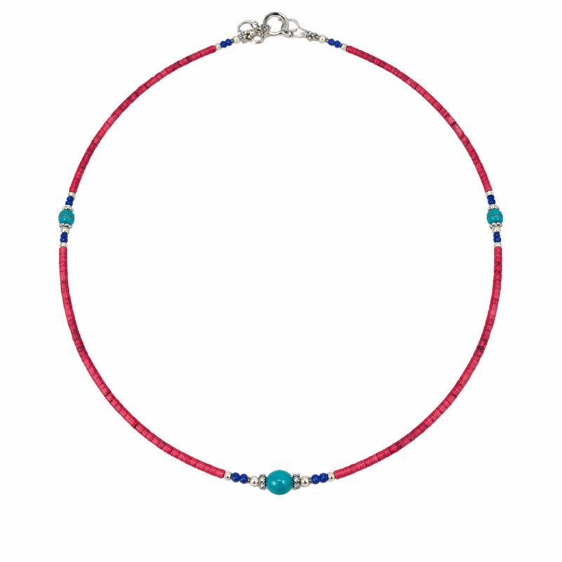 Collar nepalí de gemas extrafinas - cuentas de coral rosa y turquesa