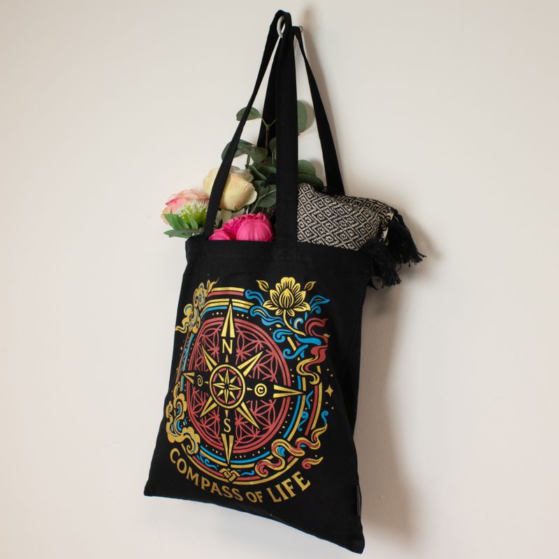 Bolso tote icónico y clásico - Brújula de la Vida - Negro 6oz