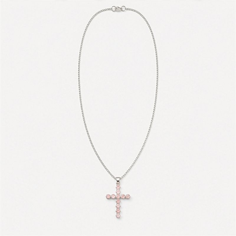 Colgante devocional de la India - Chapado en plata (cadena de 45 cm) - Crucifijo de cuarzo rosa