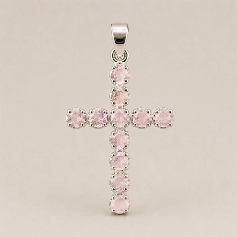 Colgante devocional de la India - Chapado en plata (cadena de 45 cm) - Crucifijo de cuarzo rosa