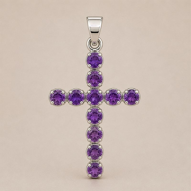 Colgante devocional indio - bañado en plata (cadena de 45 cm) - Crucifijo de amatista