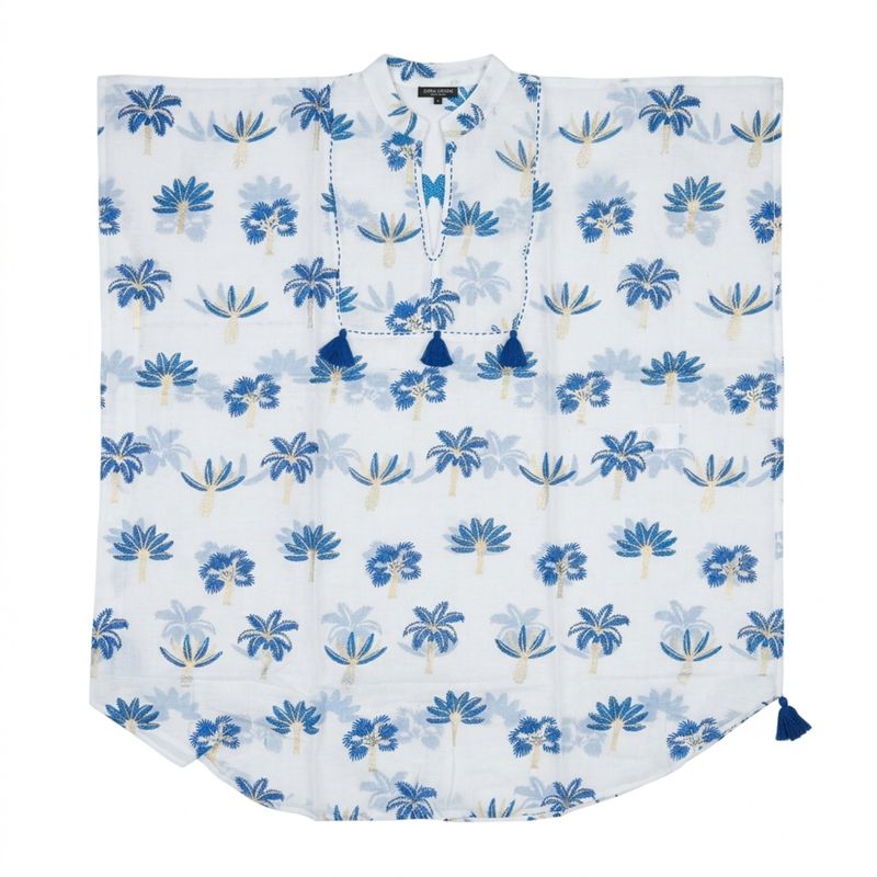 Nomad Sari En la Colección Med - Kaftán - Crema con Bordado Azul y Borlas