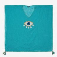 Nomad Sari en la Colección Med - Kaftán - Turquesa con Dorado y Blanco, Gran Ojo Turco