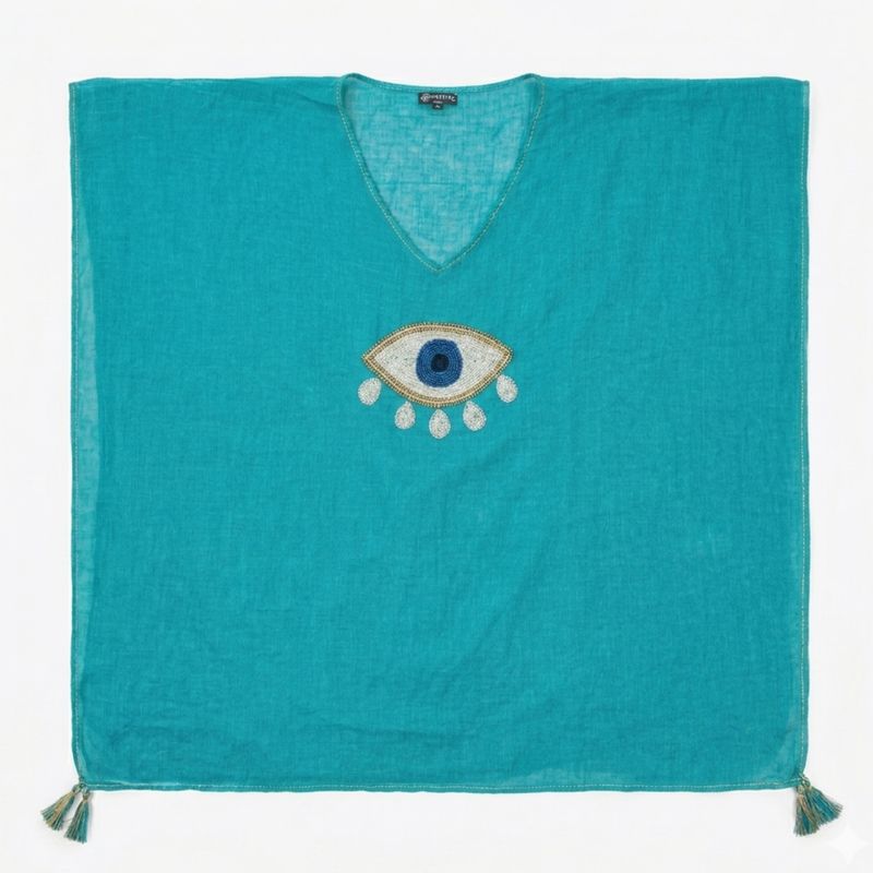 Nomad Sari en la Colección Med - Kaftán - Turquesa con Dorado y Blanco, Gran Ojo Turco