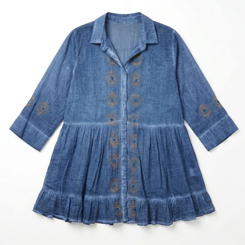 Nomad Sari en la colección Med - Vestido túnica - Azul oscuro con estampado en bloque de ojo mal de ojo (M-L)
