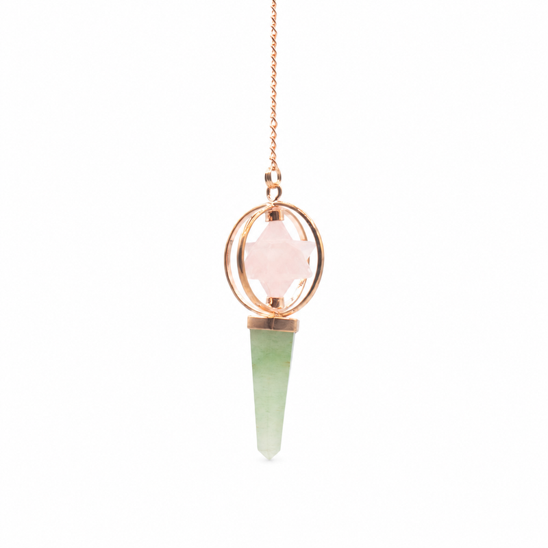 Brújula del Corazón - Estrella Merkaba giratoria de dos piezas en péndulo de cobre - cuarzo rosa y aventurina verde
