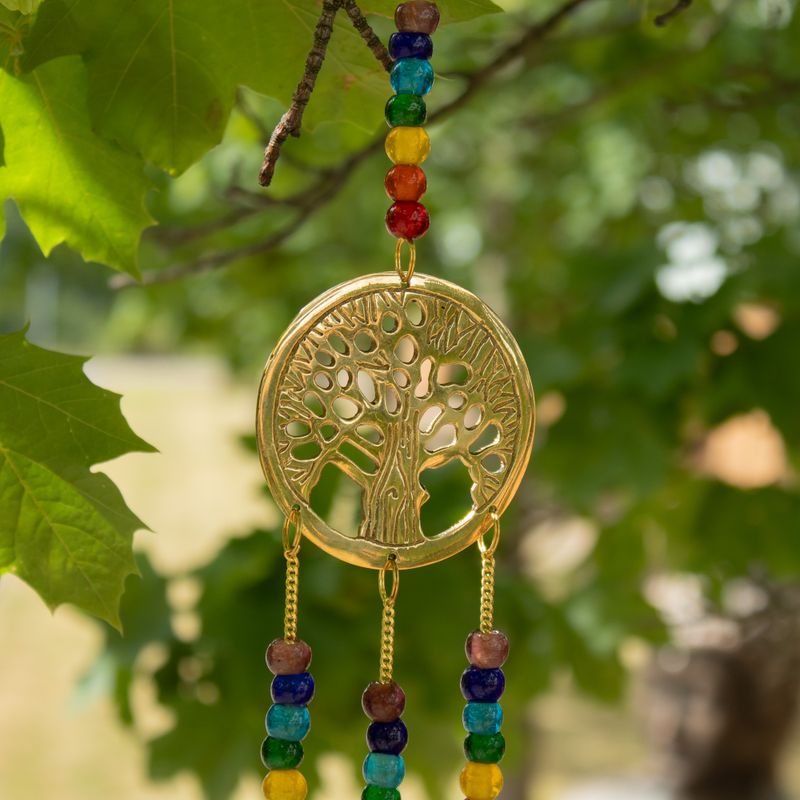 Campanillas indias - Árbol de la Vida de latón con cuentas de chakra - 3 campanas - 6.5x31cm
