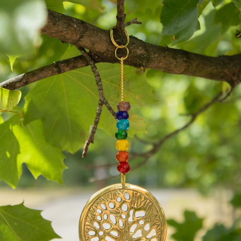 Campanillas indias - Árbol de la Vida de latón con cuentas de chakra - 3 campanas - 6.5x31cm