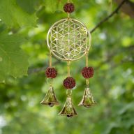 Campanillas indias - Flor de la Vida en latón con cuentas de rudraksha - 3 campanas - 6x27 cm