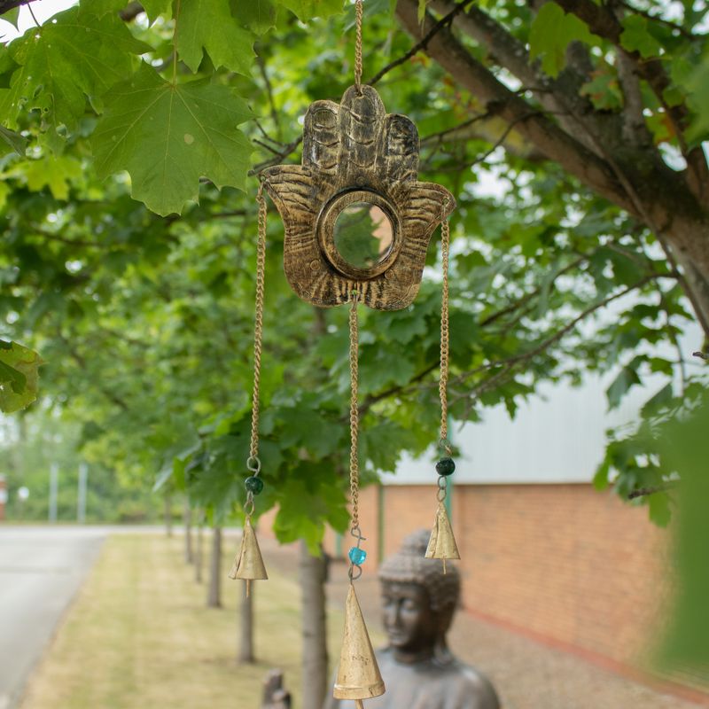Campanillas indias - Espejo Hamsa pequeño - 3 campanas - 14x55 cm
