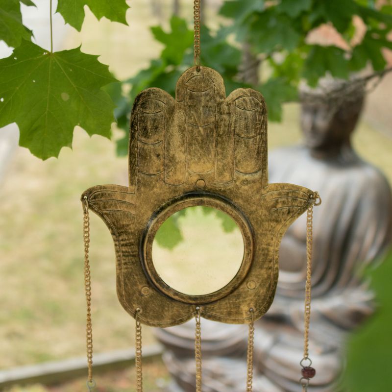 Campanillas indias - Hamsa Espejo Grande 5 Campanas - 19 x 65 cm
