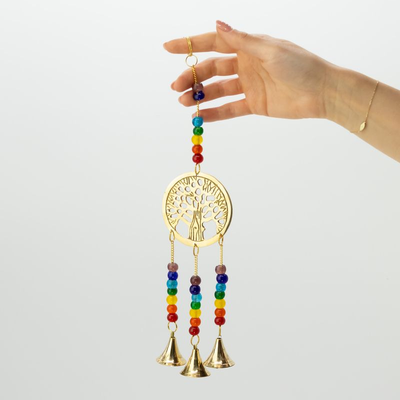 Campanillas indias - Árbol de la Vida de latón con cuentas de chakra - 3 campanas - 6.5x31cm