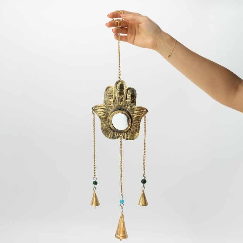 Campanillas indias - Espejo Hamsa pequeño - 3 campanas - 14x55 cm