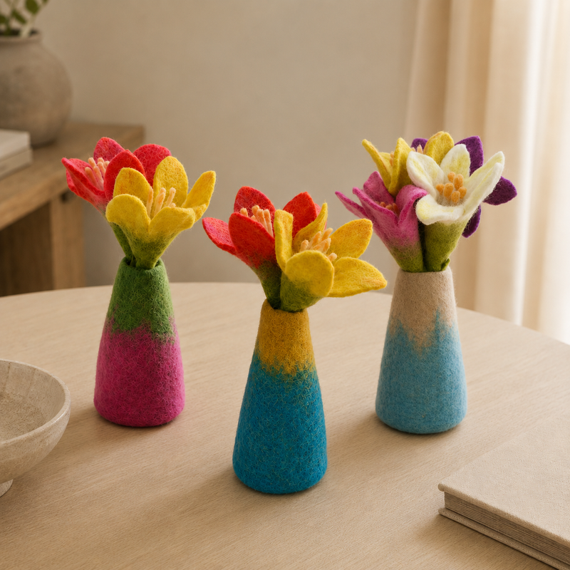 Jarrones de flores de fieltro (3 piezas surtidas)