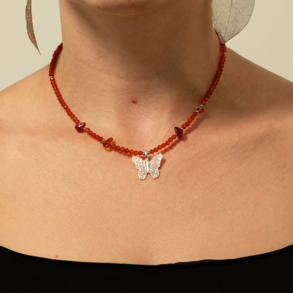 Collares de gemas ninfa - Colgante de mariposa con hoja real