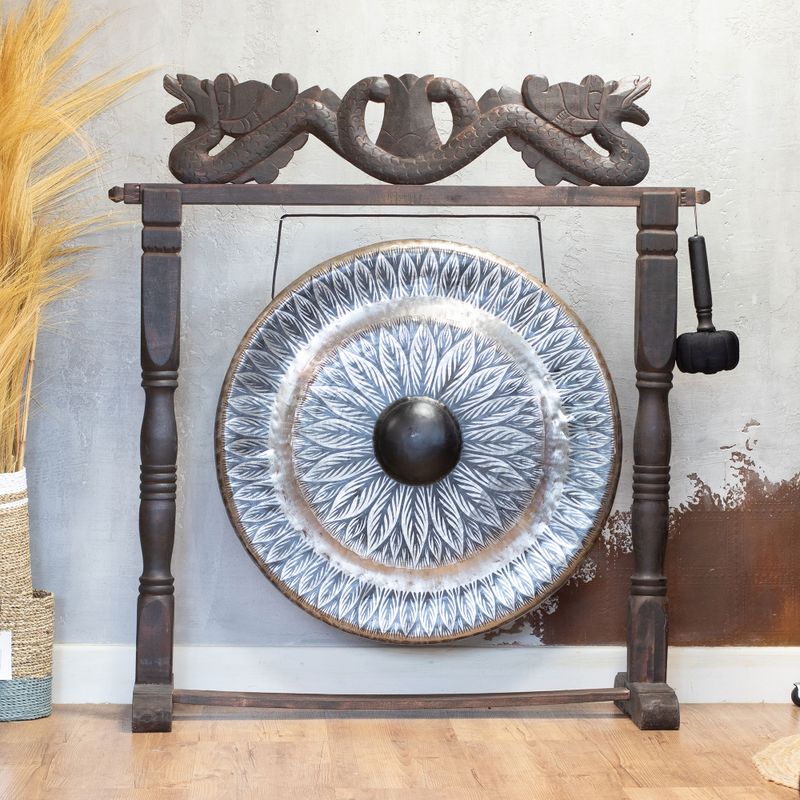 Gran gong en soporte antiguo de color marrón - 80 cm - negro - patrón