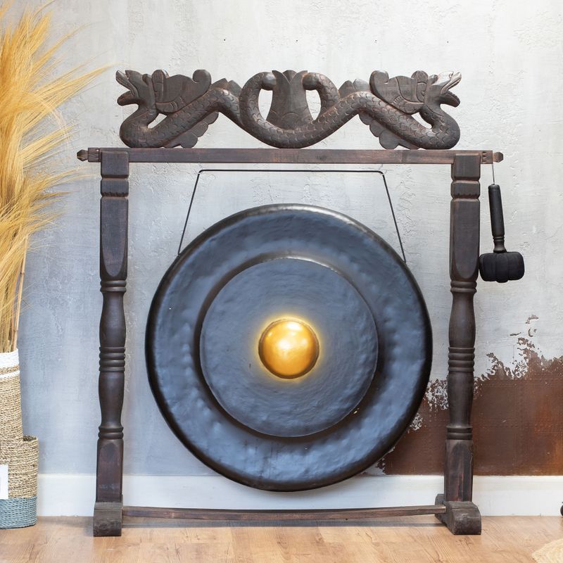 Gran gong en soporte antiguo de color marrón - 80 cm - negro