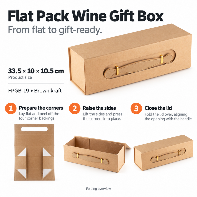Caja de regalo plegable - con forma de caja de vino (33.5x10x10.5cm) - Marrón kraft