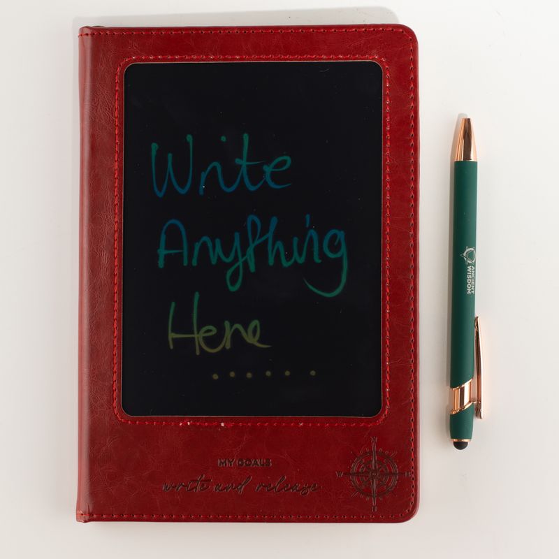 Cuaderno de Intenciones - Pantalla LCD Borrable - Efecto Cuero Rojo - Hoja de Latón - 80 Hojas
