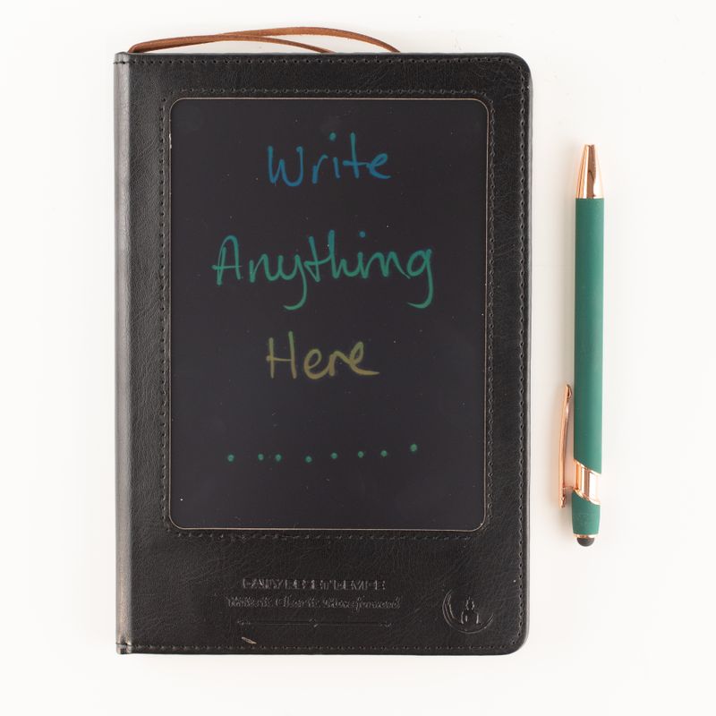 Cuaderno de Intenciones - Pantalla de limpieza LCD - Efecto cuero negro - Hoja de latón - 80 hojas