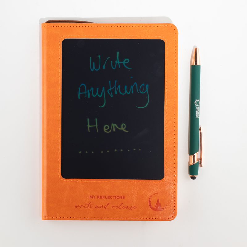 Cuaderno de Intenciones - Pantalla LCD de Limpieza - Efecto Cuero Naranja - Hoja de Latón - 80 Hojas