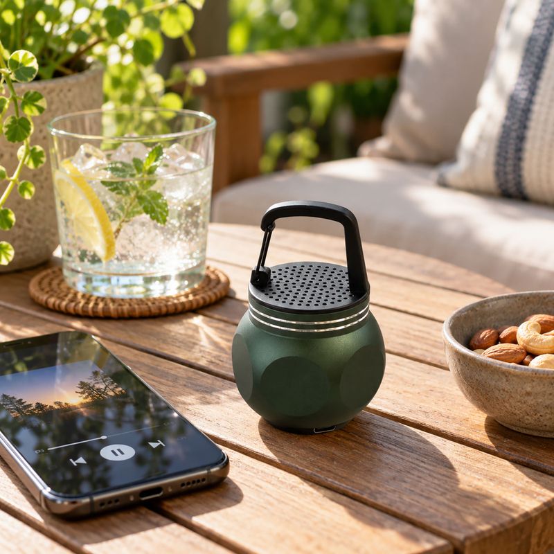 Altavoz mini verde con gancho para acampar